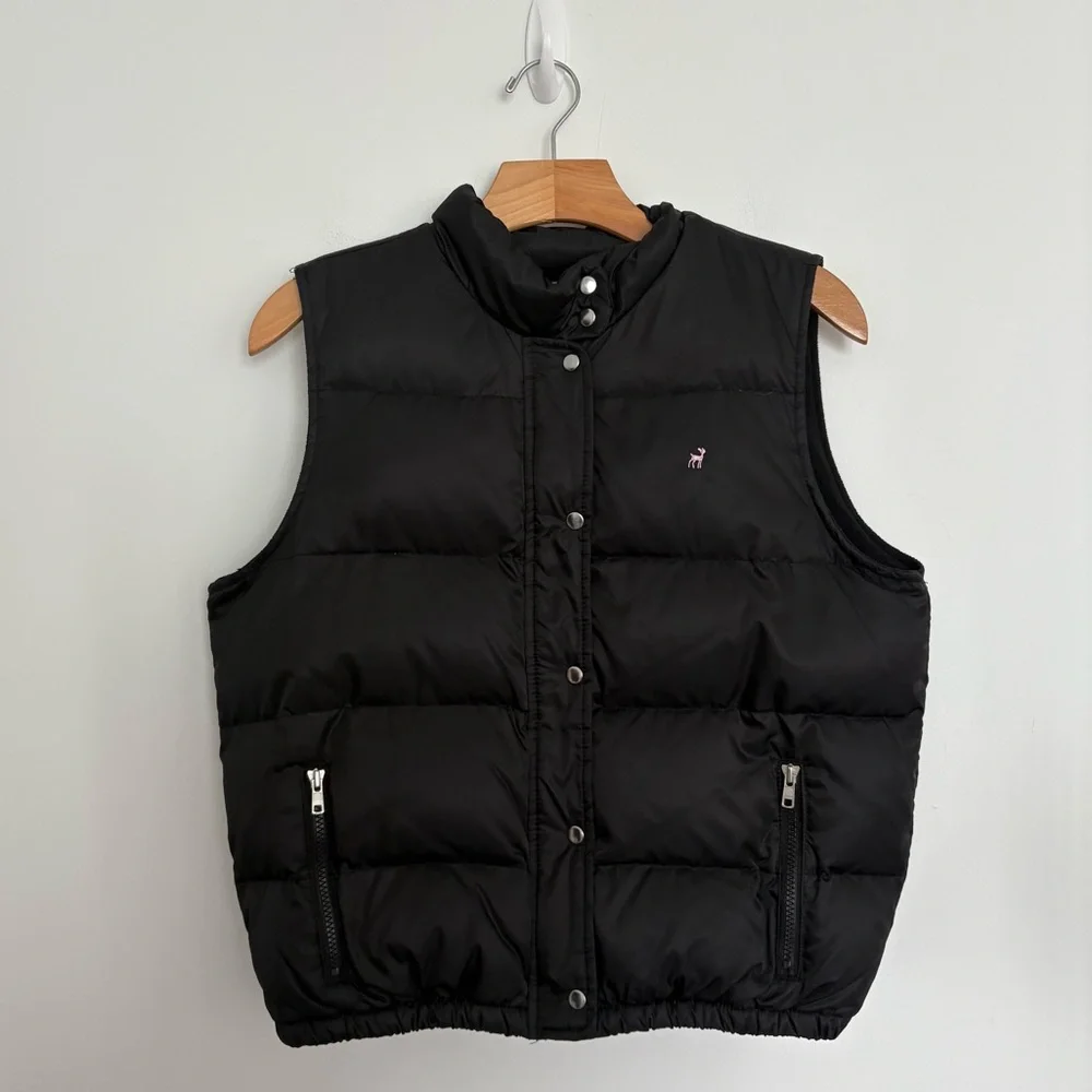 VTG Old Navy Womens Teen Puffer Vest Size Large Black Pink Down Feathers Comfy